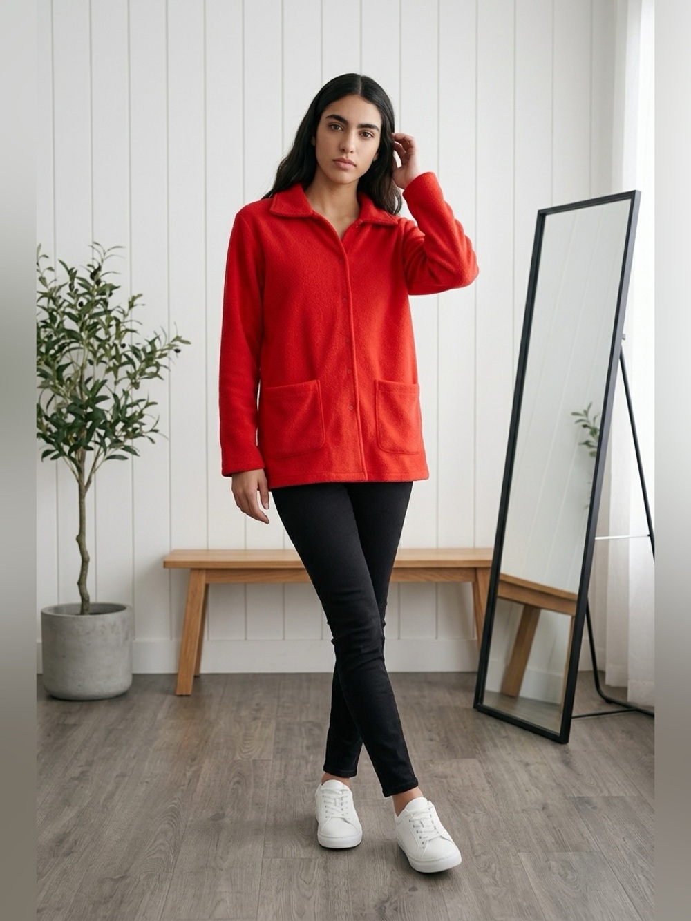 Cabin Creek Size Large Polyester Red Button Down Sweater